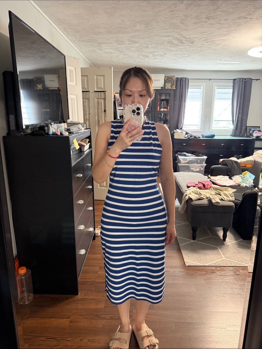 Sleeveless Blue and White Striped Midi Dress